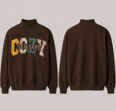 Brown Appliqué Embroidery Mock Neck