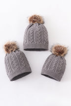 Grey cable knit pom pom beanie hat baby toddler adult