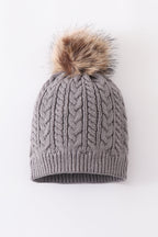 Grey cable knit pom pom beanie hat baby toddler adult
