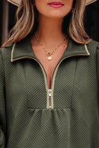 Jungle Green Quarter Zip Collar Bracelet Sleeve Textured Mini Dress