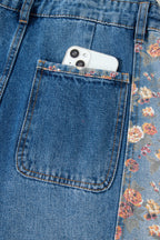 Peacock Blue Floral Patchwork Bib Denim Wide-Leg Overalls