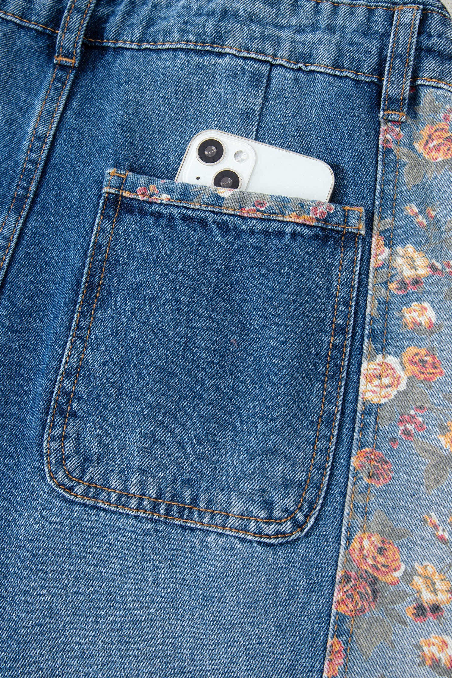 Peacock Blue Floral Patchwork Bib Denim Wide-Leg Overalls
