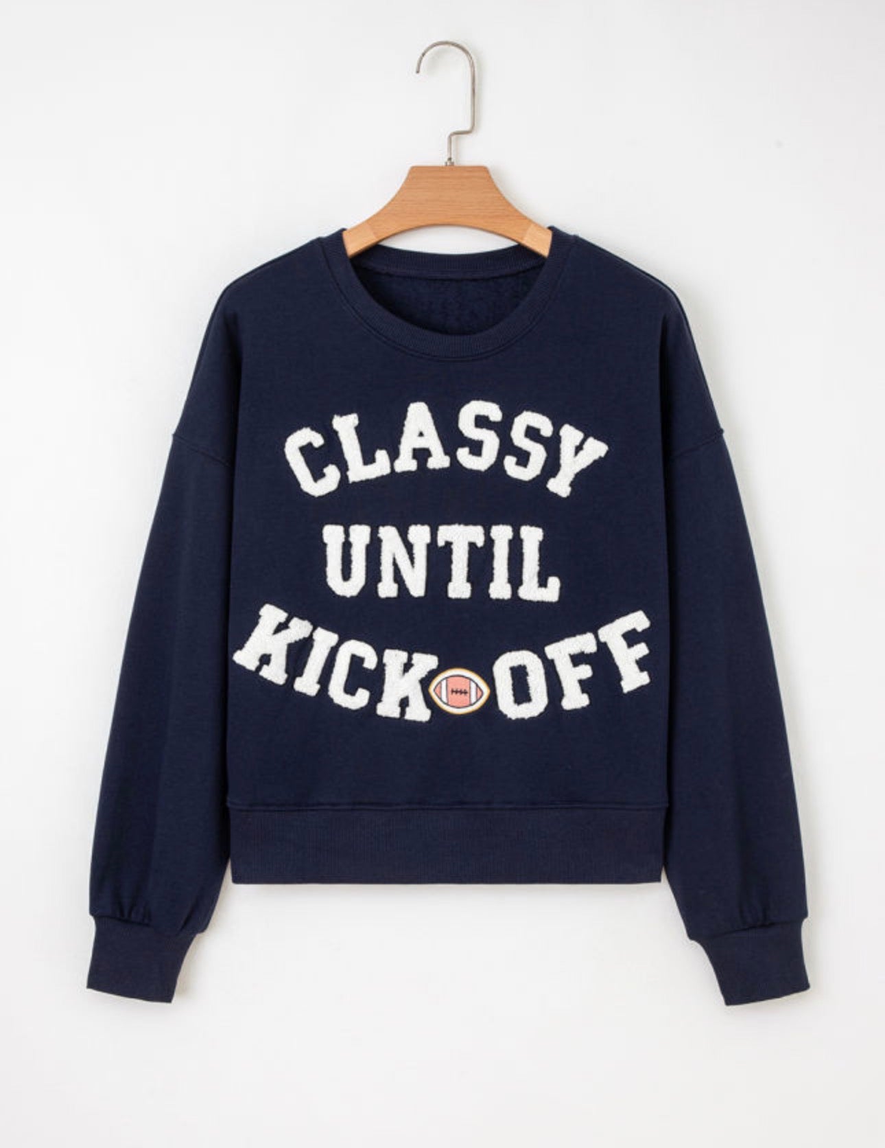 White CLASSY UNTIL KICKOFF Plush Letter Patched Loose Sweatshirt