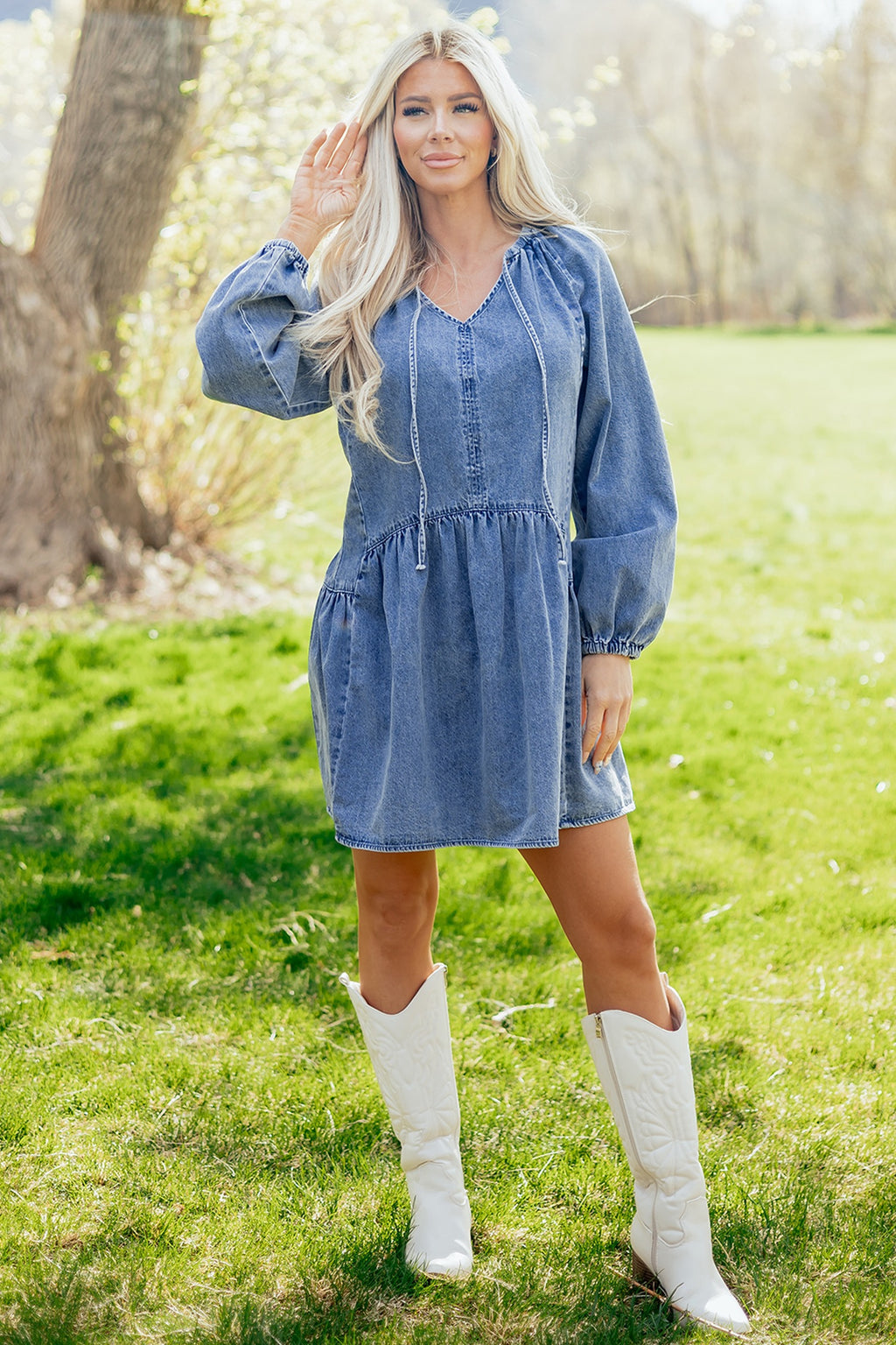 Myosotis Puff Sleeve V-Neck Ruffled Loose Denim Mini Dress