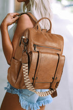 Camel Embroidered Strap Attached Large PU Leather Backpacki