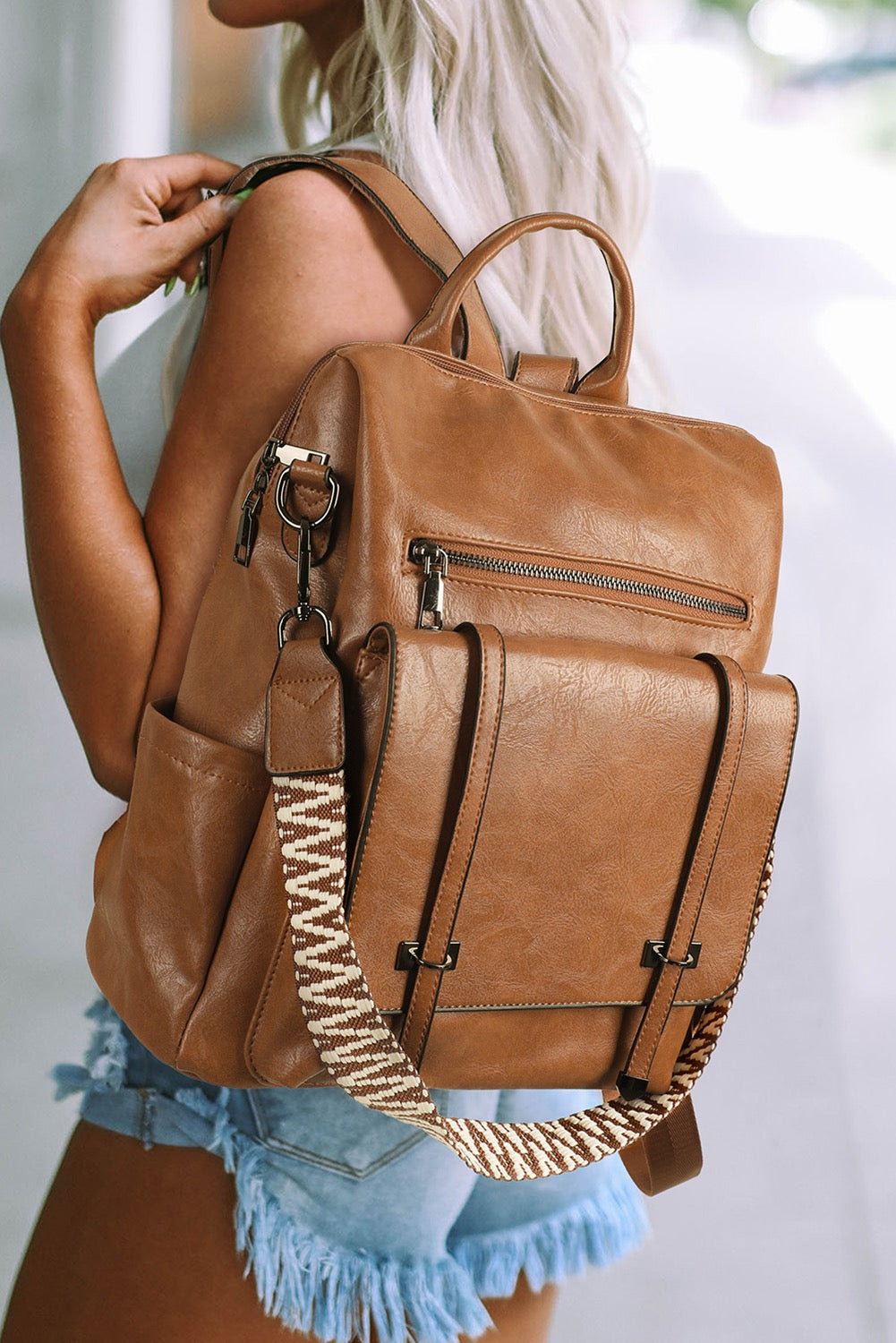Camel Embroidered Strap Attached Large PU Leather Backpacki