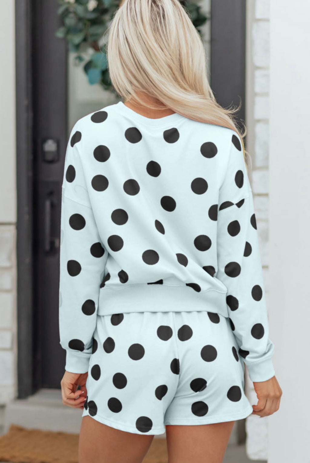 Sky Blue Polka Dot Print Drop Shoulder Pullover Drawstring Shorts Setk