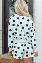 Sky Blue Polka Dot Print Drop Shoulder Pullover Drawstring Shorts Setk