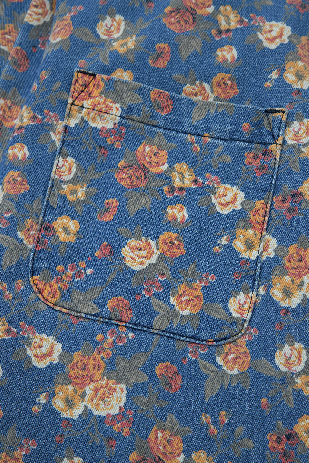 Blue Vintage Rose Printed Loose Denim Overall Jumpsuit