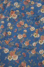Blue Vintage Rose Printed Loose Denim Overall Jumpsuit