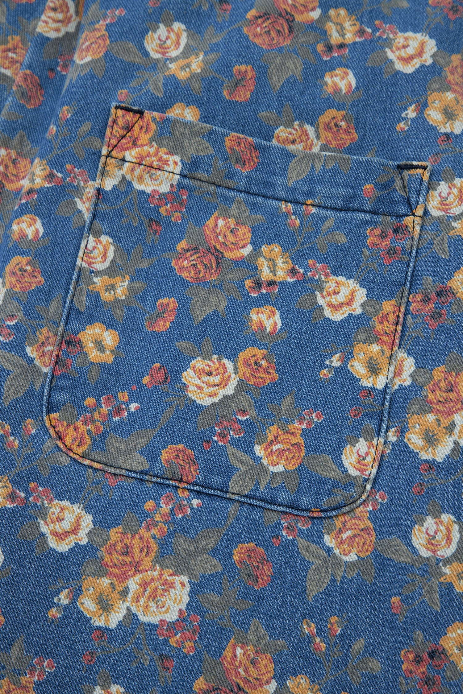 Blue Vintage Rose Printed Loose Denim Overall Jumpsuit