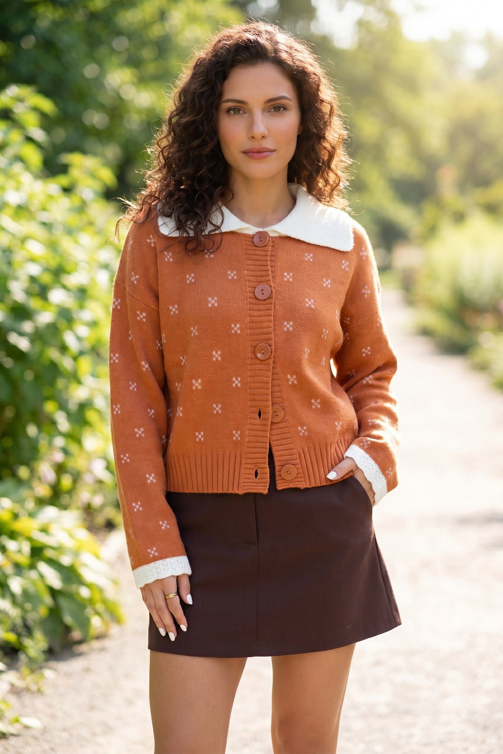 Russet Orange Peter Pan Collar Colorblock Long Sleeve Knitwear Cardigan