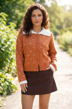 Russet Orange Peter Pan Collar Colorblock Long Sleeve Knitwear Cardigan