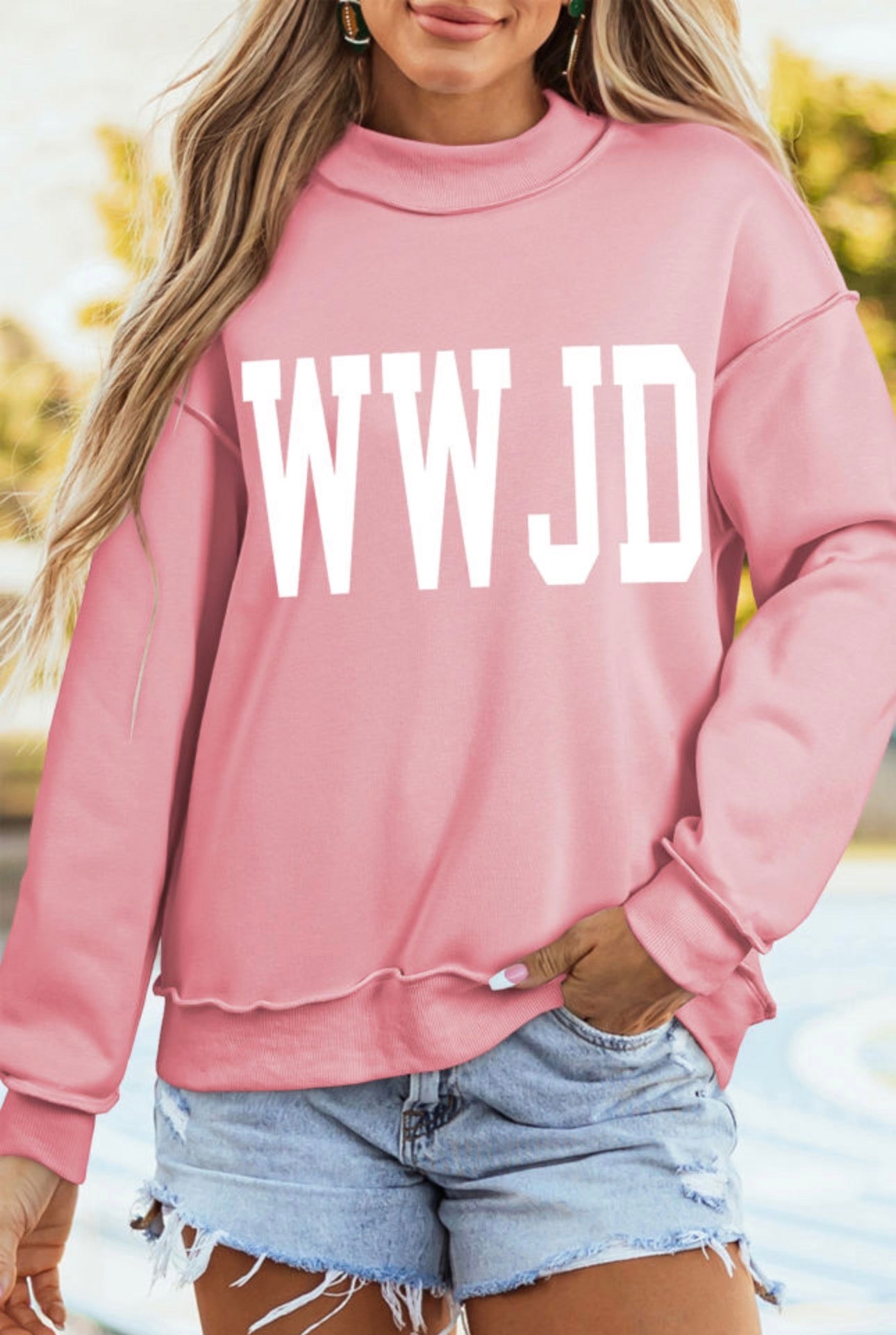 Light Pink WWJD/AMEN Double Side Printed Mock Neck Reversible Sweatshirt