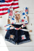 4th of July backless top denim shorts girls set DLH2392