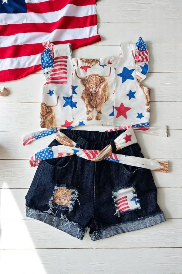 4th of July backless top denim shorts girls set DLH2392