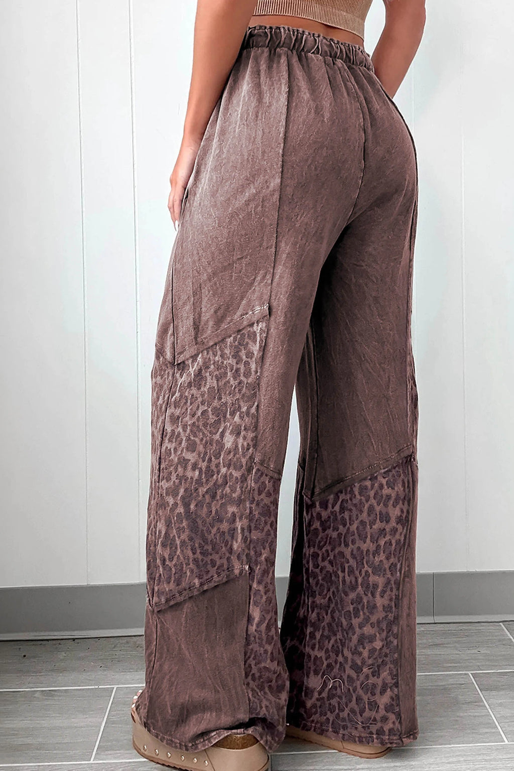 Coffee Mineral Wash Leopard Patchwork Loose Pants