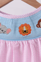 Pink seersucker animal smocked ruffle shorts set