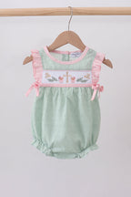 Green swiss dot cross sheep ruffle bubble