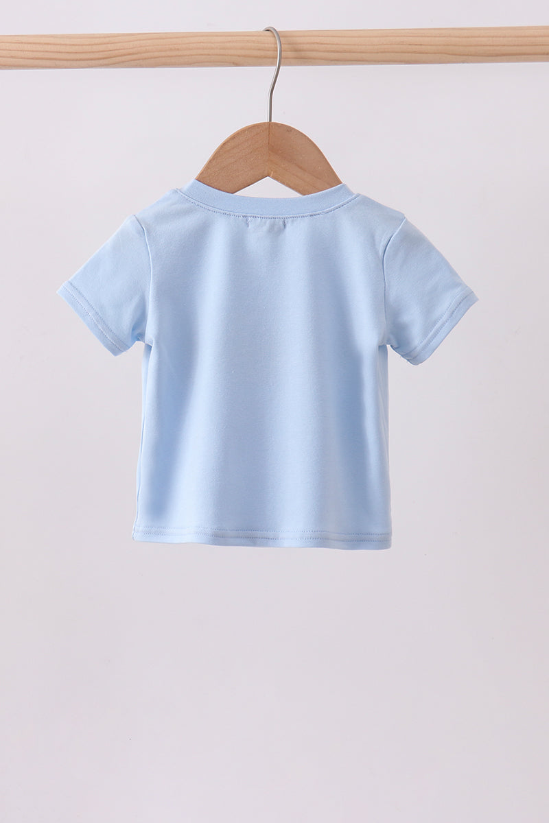 Blue engineering vehicle embroidery top
