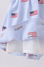 Blue flag embroidery seersucker ruffle dress