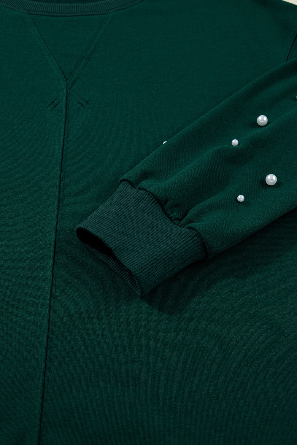 Dark Green Pearl Embellished Drop Shoulder Pullover Elastic Waist Mini Skirt Set