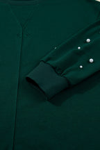 Dark Green Pearl Embellished Drop Shoulder Pullover Elastic Waist Mini Skirt Set