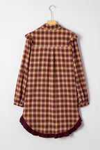 Red Plaid Print Ruffled Long Sleeve Patchwork Hem Mini Shirt Dress