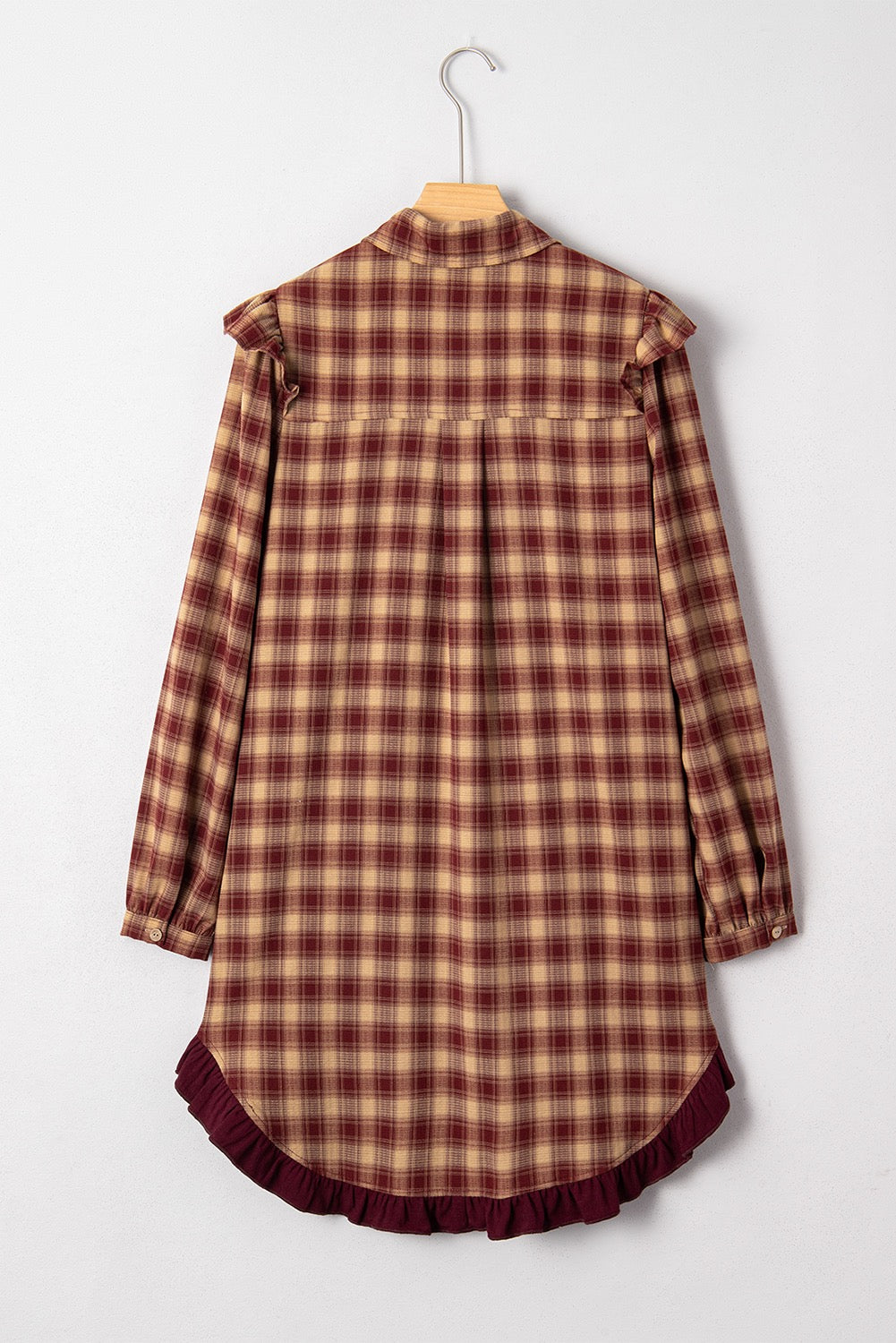 Red Plaid Print Ruffled Long Sleeve Patchwork Hem Mini Shirt Dress