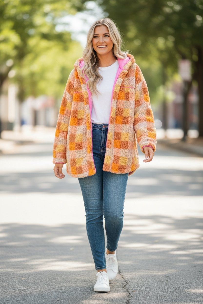 Orange Sherpa Checkered Hooded Jacket