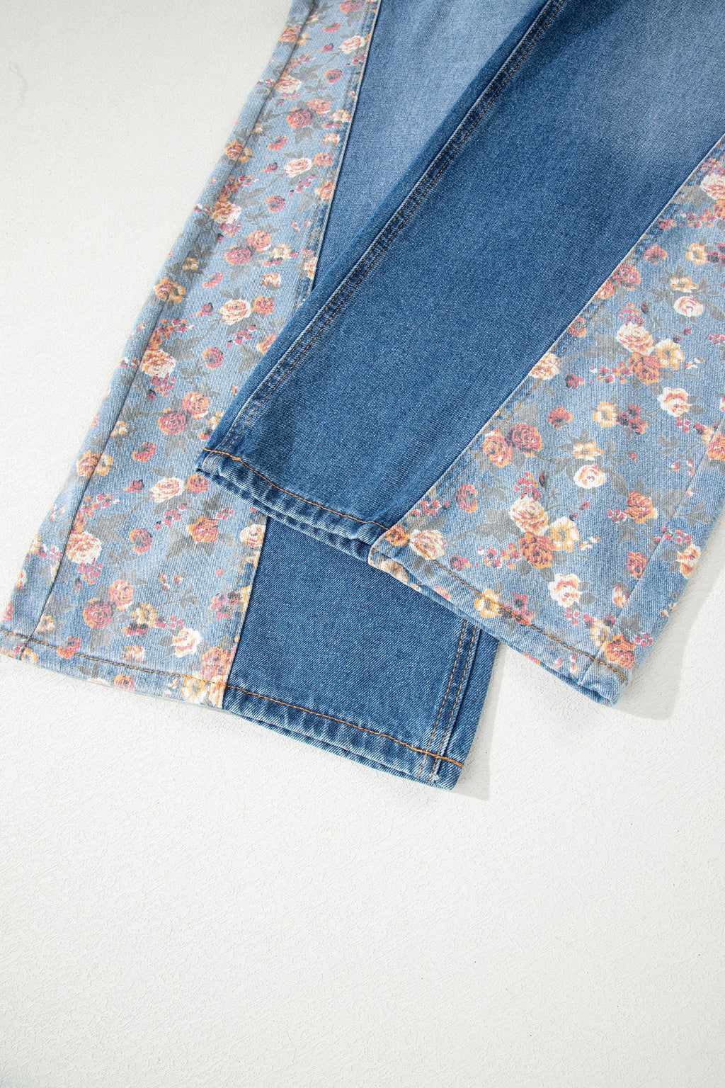 Peacock Blue Floral Patchwork Bib Denim Wide-Leg Overalls