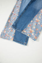 Peacock Blue Floral Patchwork Bib Denim Wide-Leg Overalls