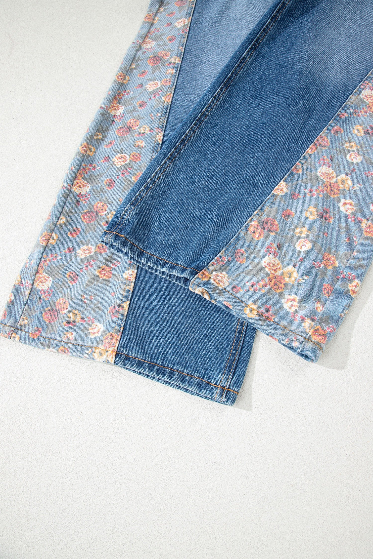 Peacock Blue Floral Patchwork Bib Denim Wide-Leg Overalls