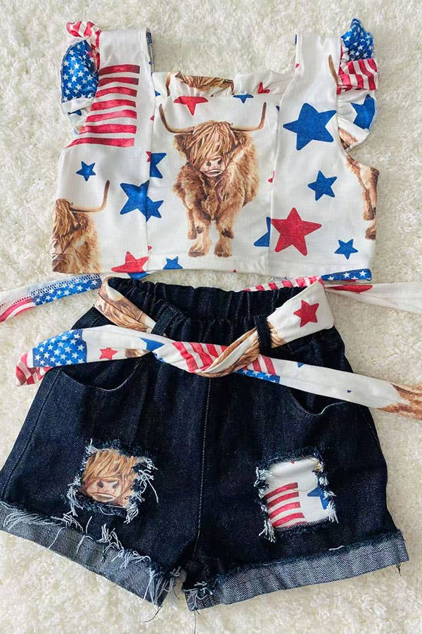 4th of July backless top denim shorts girls set DLH2392