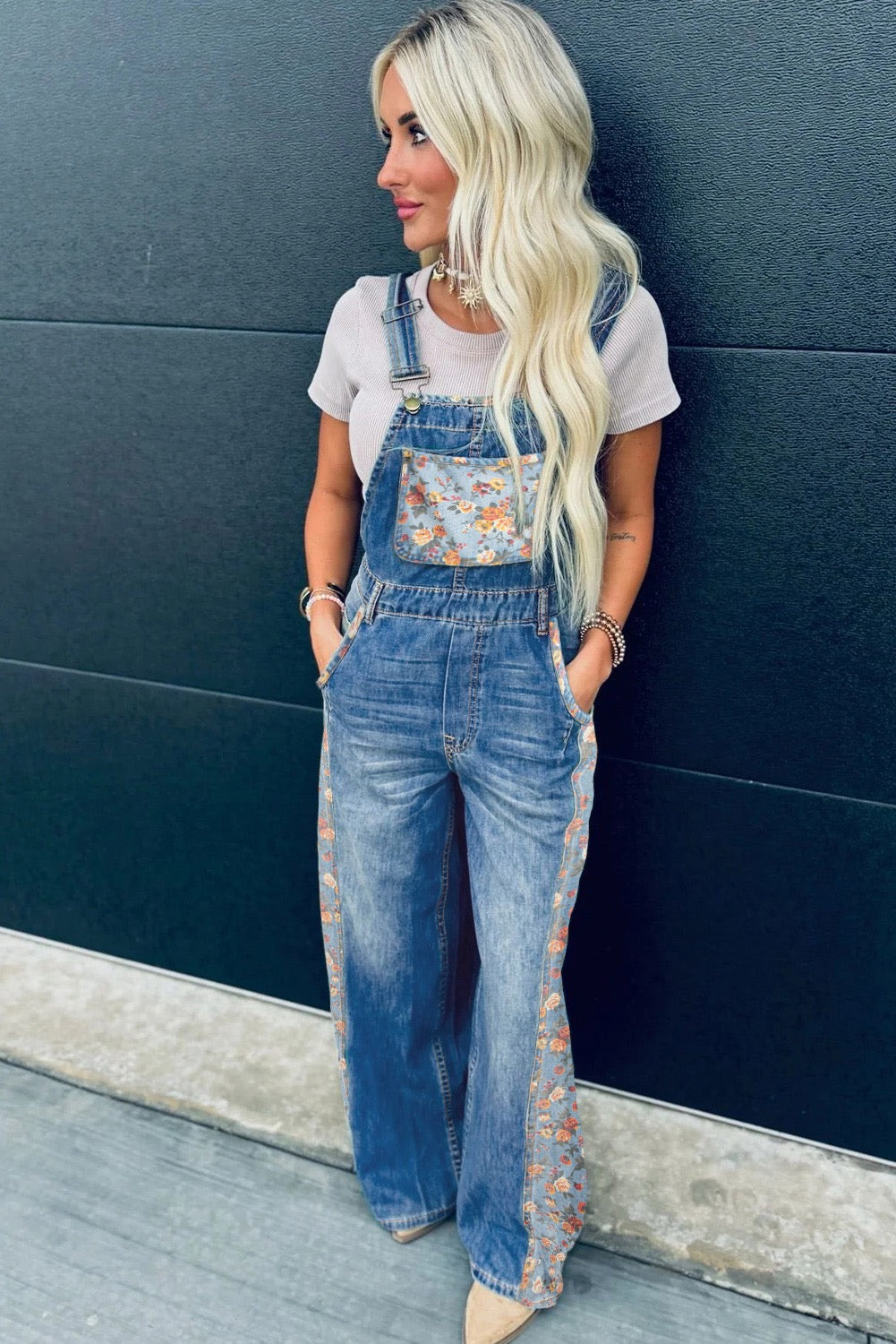 Peacock Blue Floral Patchwork Bib Denim Wide-Leg Overalls