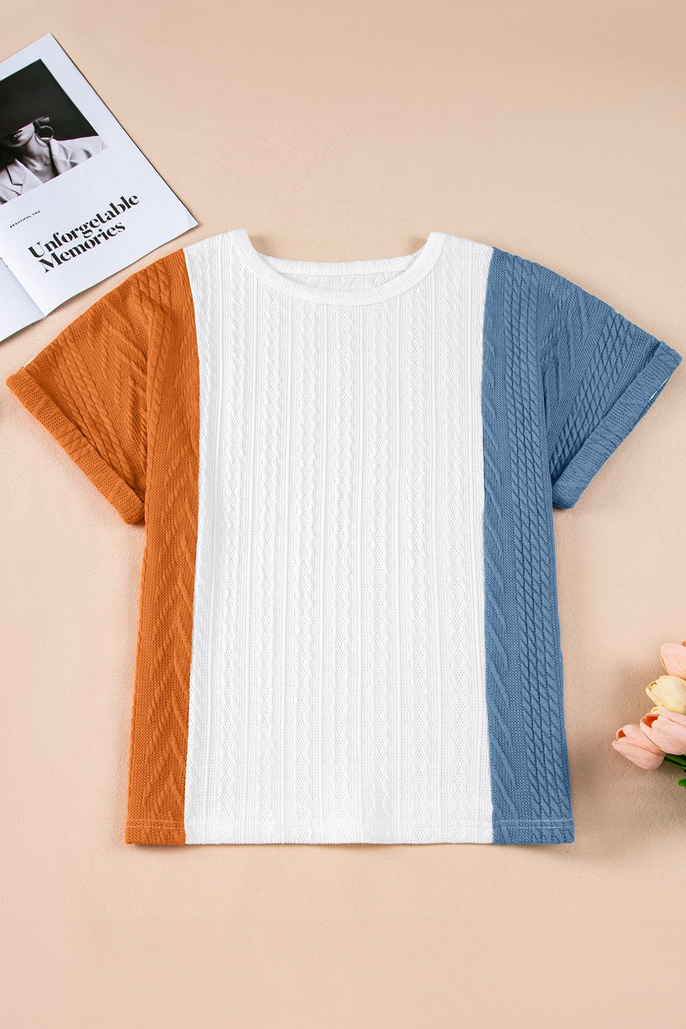 Light Blue Textured Color Block Loose Fit T-Shirt
