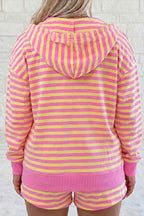 Yellow Stripe Color Block Trim Round Neck Long Sleeve Top Casual Shorts 2pcs Set
