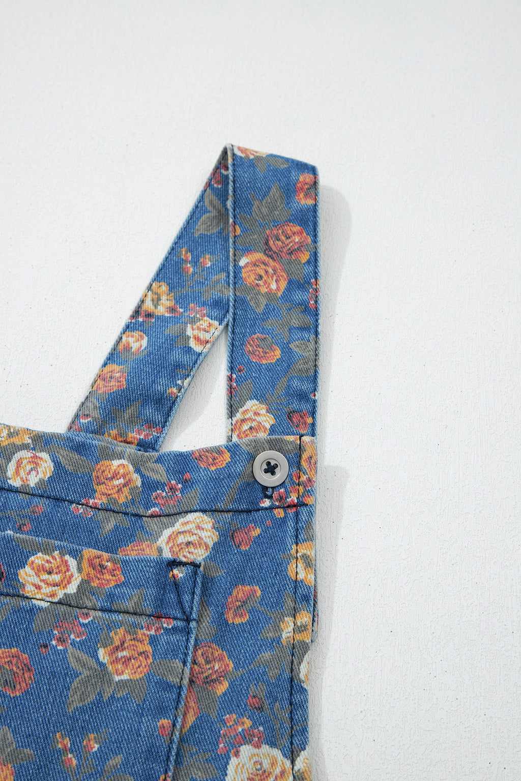 Blue Vintage Rose Printed Loose Denim Overall Jumpsuit