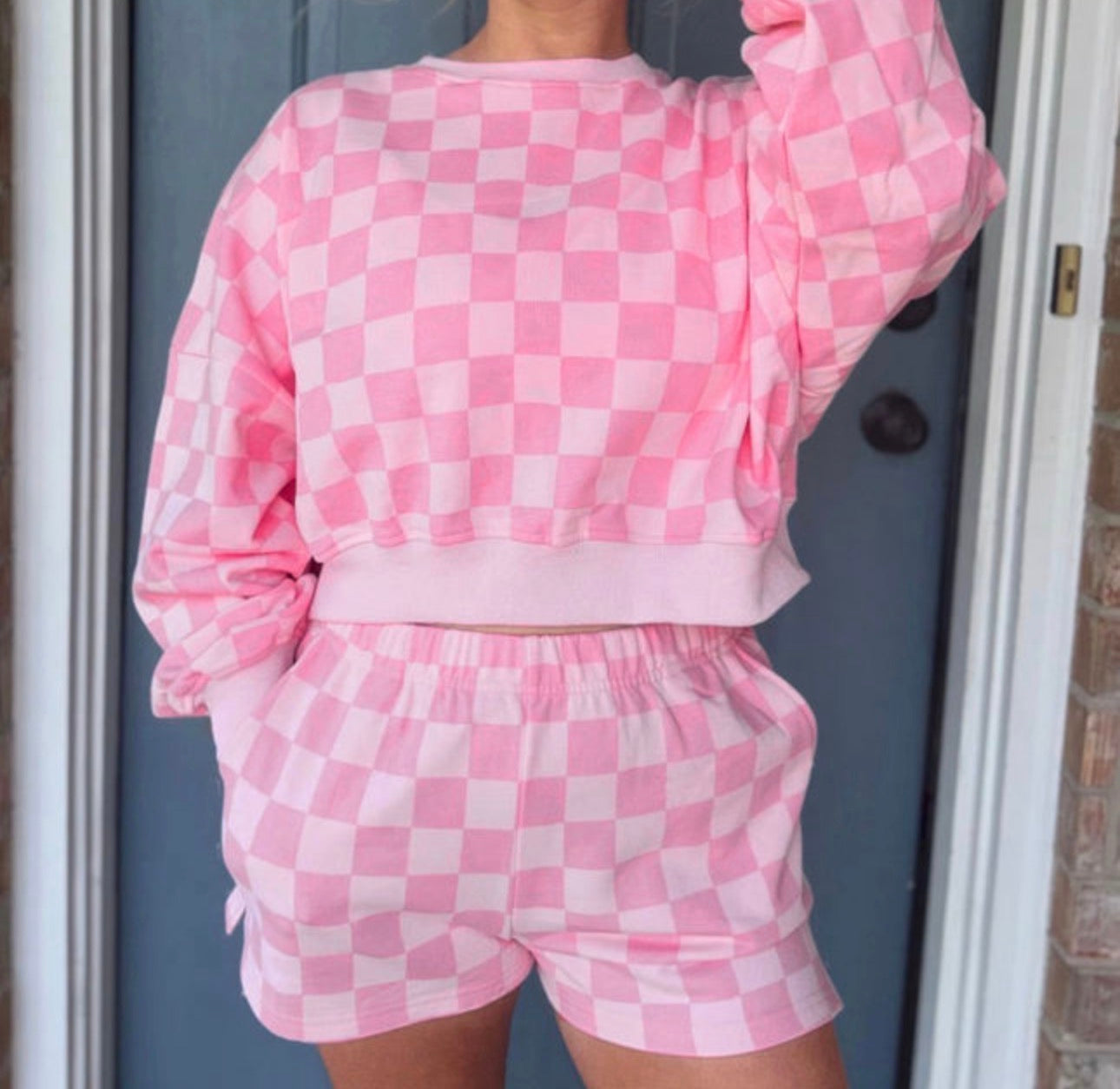 Pink Plaid Checkered Long Sleeve Crop Top & Elastic Waist Shorts Two Piece Set