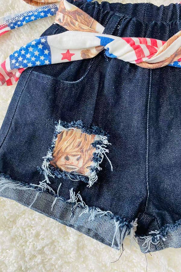 4th of July backless top denim shorts girls set DLH2392