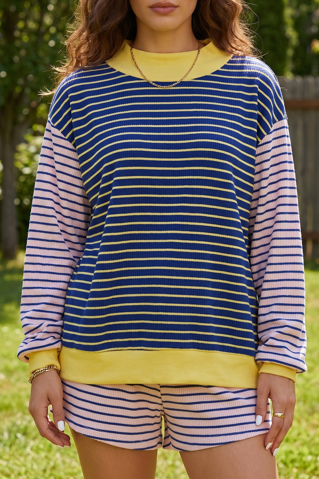 Shift Pant Set - Blue Stripe Striped Ribbed Long Sleeve