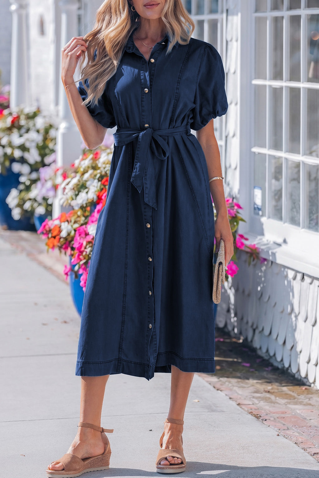 Sail Blue Full Buttons Collared Short Bubble Sleeve Long Denim Dress