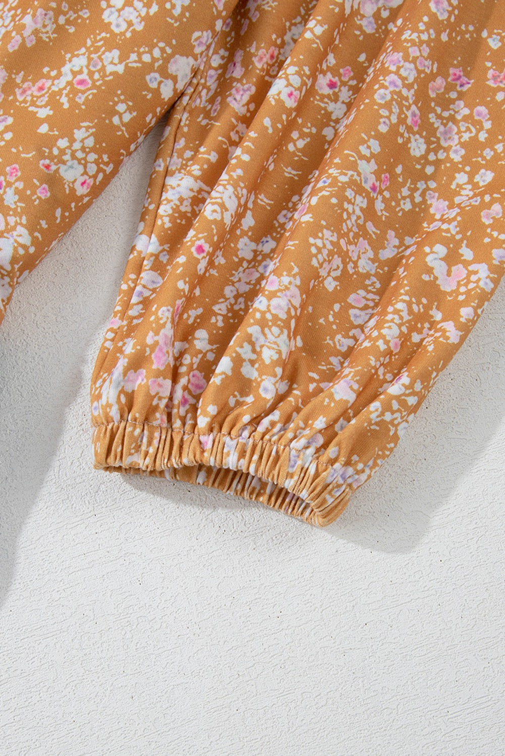 Orange Floral Color Block Patchwork Ruffled Hem Round Neck Blouse