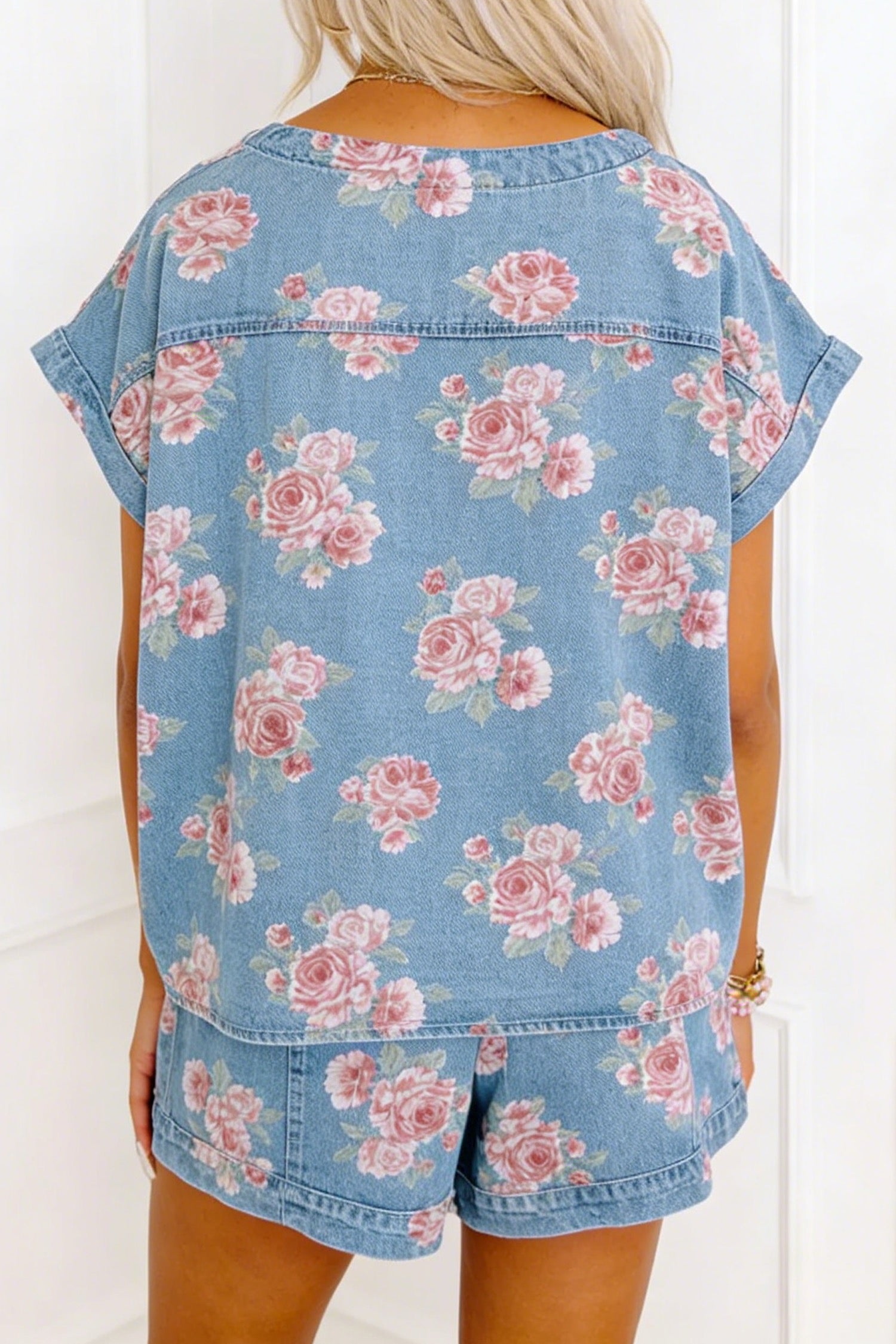 Floral Denim Short Set – Sky Blue