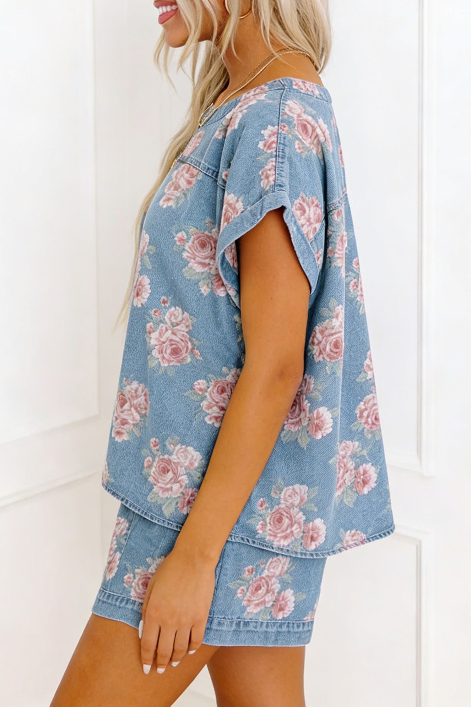 Floral Denim Short Set – Sky Blue