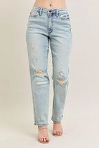 Judy Blue Full Size Mr Repair Stitch Detail Destroy Single Cuff Bf Jeans Plus Size