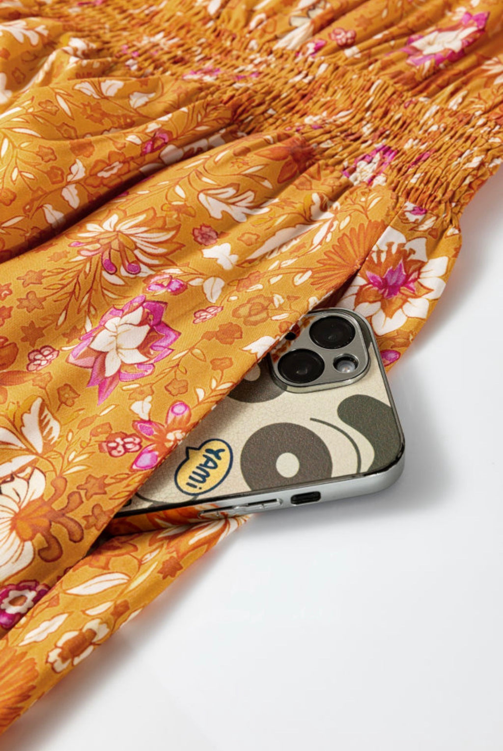 Orange Floral Print Smocked Waist Long Sleeve Boho Maxi Dress