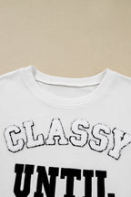 White CLASSY UNTIL KICKOFF Plush Letter Patched Loose Sweatshirt