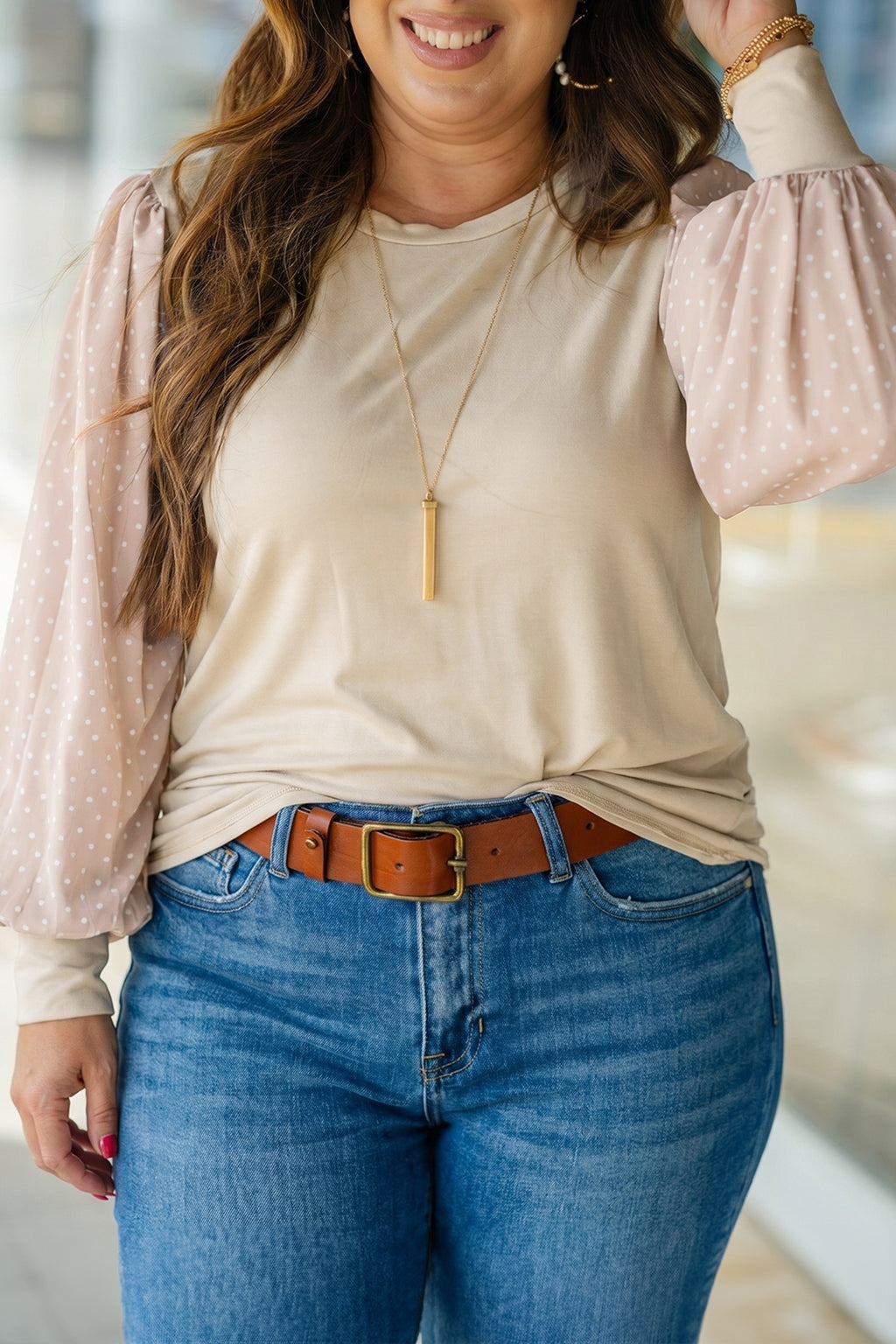 Parchment Polka Dot Long Sleeve Plus Size Blouse