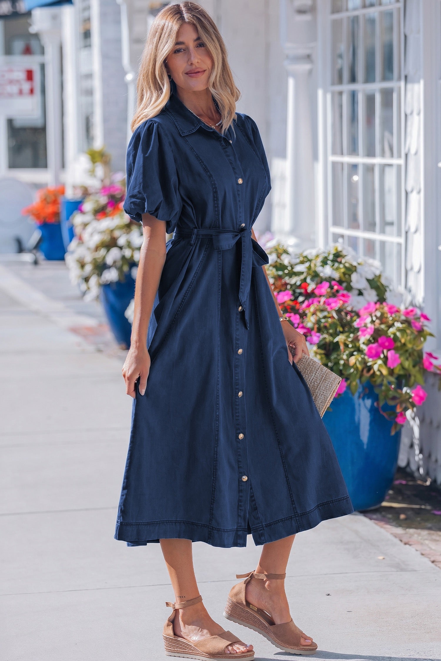 Sail Blue Full Buttons Collared Short Bubble Sleeve Long Denim Dress